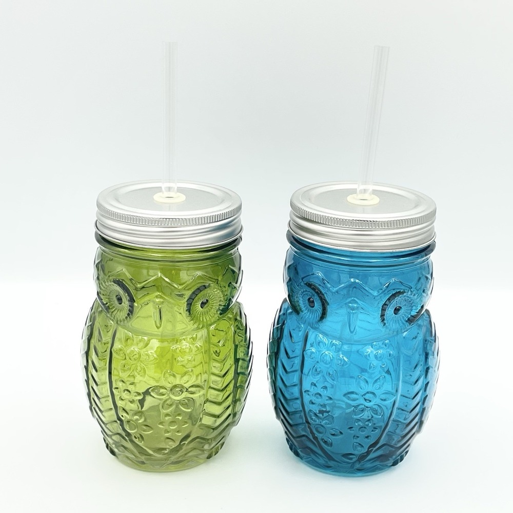 NEW‎ Set Of 2 Glass Owl Cups With Metal Lids And Straws Sippers Green Blue